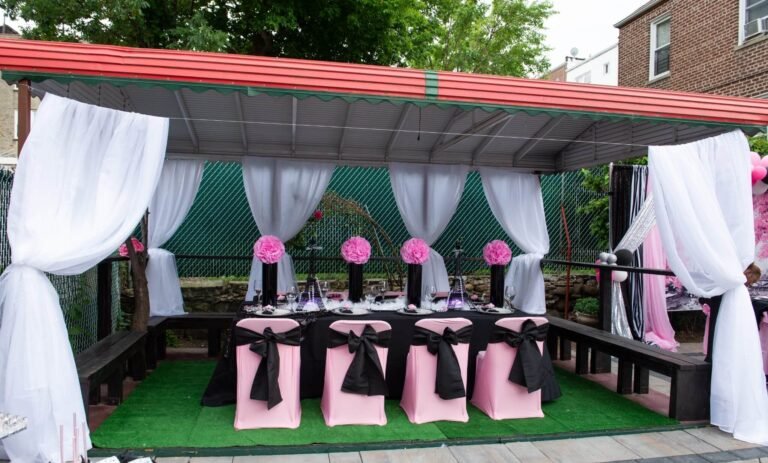 showers Elegant pink and black covered event tent at Da Green House Spot